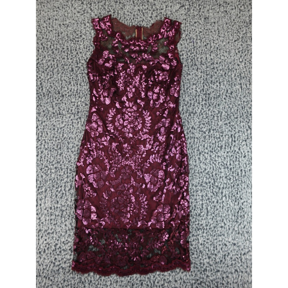 TADASHI SHOJI Wine Burgundy Sequin Embroidered‎ Sheer Illusion Lace Dress 4P